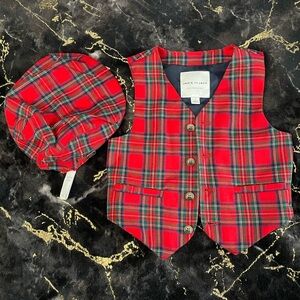 Janie and Jack Red Tartan Vest and Cap Set
